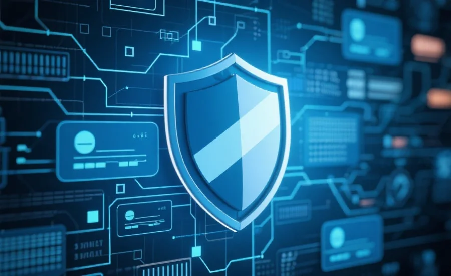 抽象风格的安全盾牌符号与数字化账户信息背景，突出网络安全和隐私保护主题
